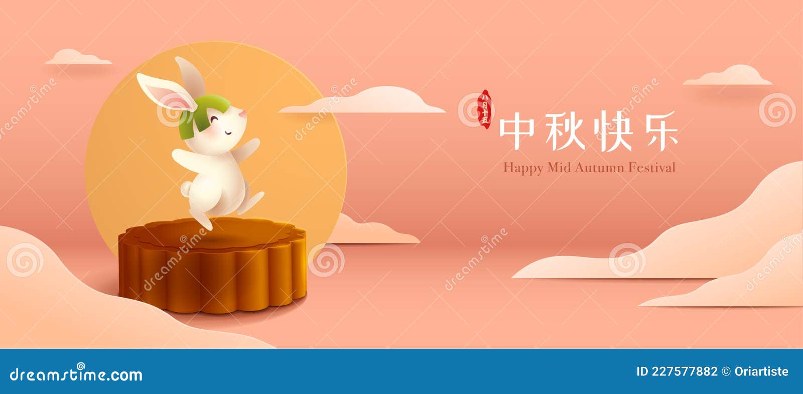 3d  of mid autumn mooncake festival theme with cute rabbit character on mooncake podium on paper graphic oriental clou